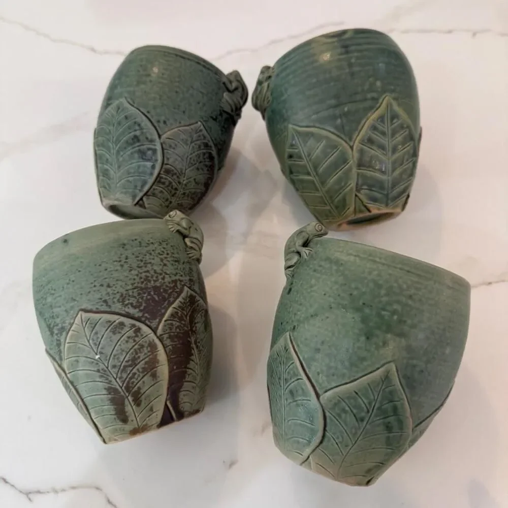 4x Green handmade ceramic frog cups